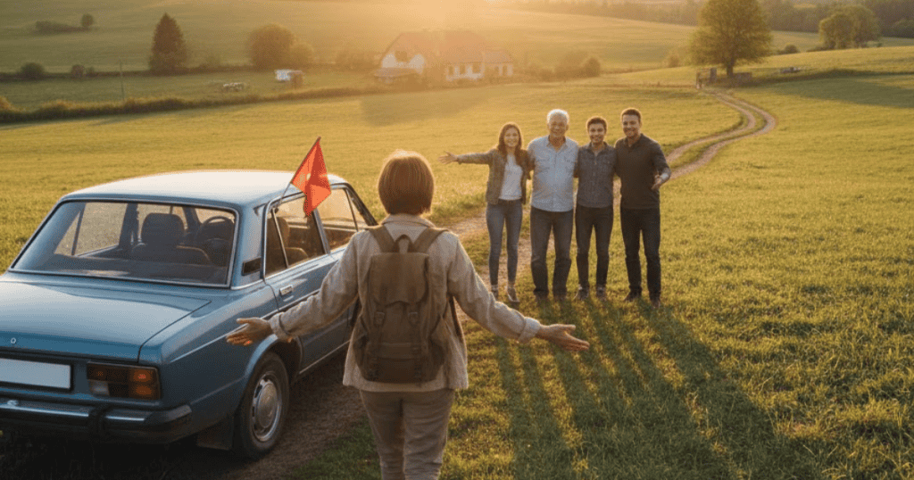A woman with a backpack faces a group of four people standing on a country road by a car with a small red flag attached, suggesting that current warning signs are indicators of future outcomes.