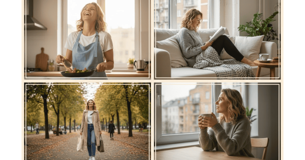 A four-panel grid shows a woman happily cooking, reading, walking in a park, and relaxing with a mug; her newfound freedom allows her to enjoy simple, independent pleasures.