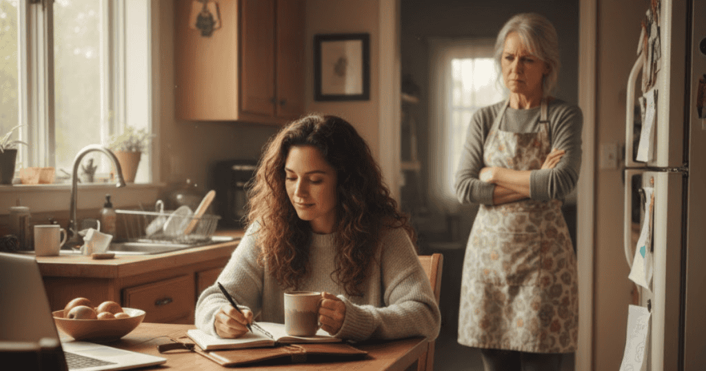 A woman focuses intently on writing in her journal while an older woman stands behind her with crossed arms, highlighting the unintentional impact of complete self-absorption and indifference to scrutiny.