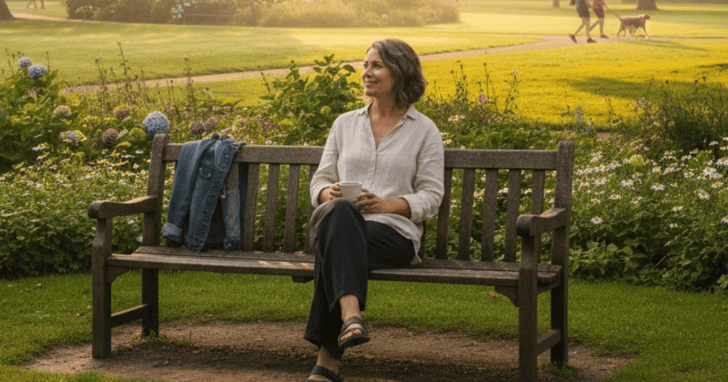 A woman is sitting contentedly on a park bench, holding a mug and smiling as she looks into the distance; finding peace means turning her attention toward her own well-being.