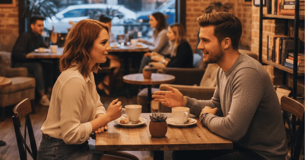 A man and woman are smiling and engaged in conversation over coffee in a warmly lit cafe, representing a pleasant initial interaction that masks potential future behavioral changes.