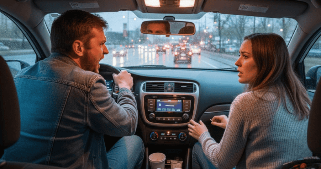A man is shouting while aggressively driving, and the woman beside him looks distressed, hinting at how driving behaviors might reflect deeper character issues.