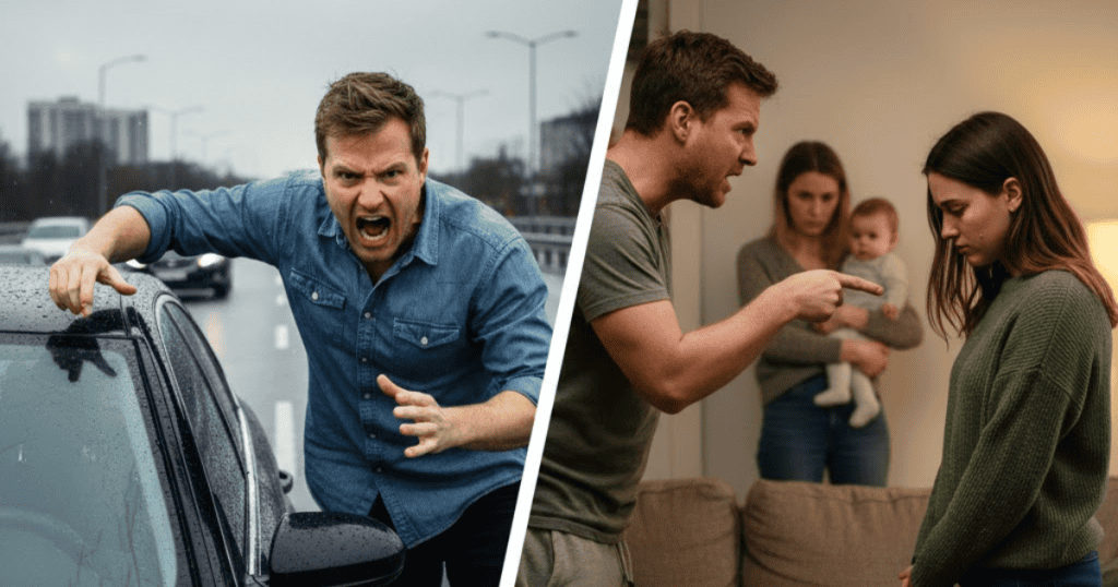 A split image shows a man shouting outside a car on the left and a man pointing aggressively at a distressed woman in a home on the right, connecting unchecked road aggression to concerning behavior in other parts of life.