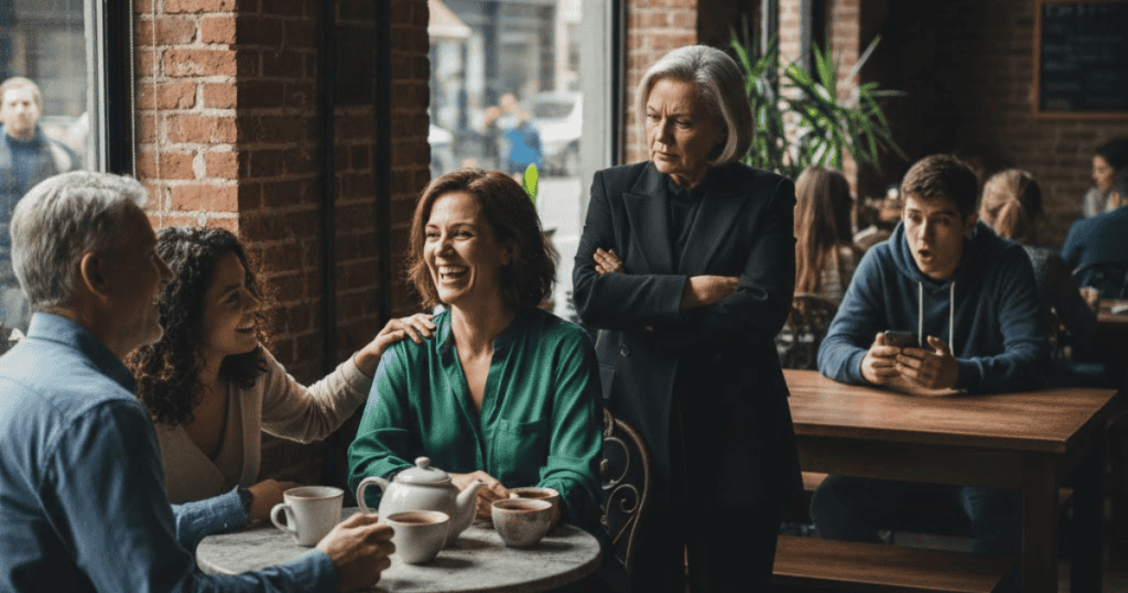 A woman laughs joyfully with friends at a café while a stern woman watches from the background, showing how genuine happiness can be a sharp contrast to another's bitterness.