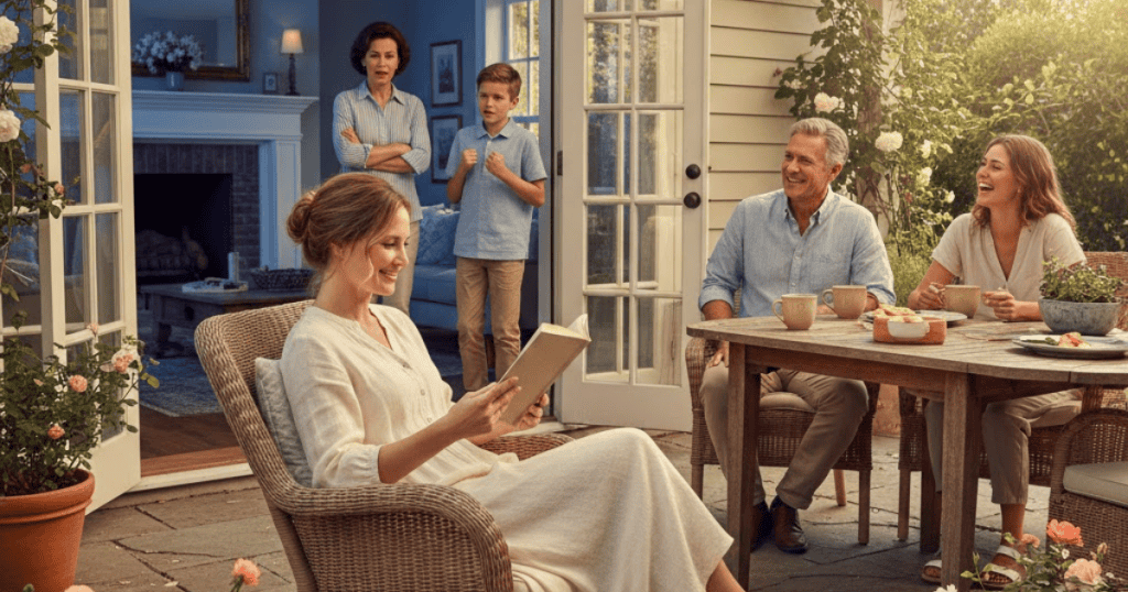 A woman sits serenely reading in a garden while others look on with visible agitation, depicting the impenetrable shield of maintaining internal composure regardless of outside chaos.