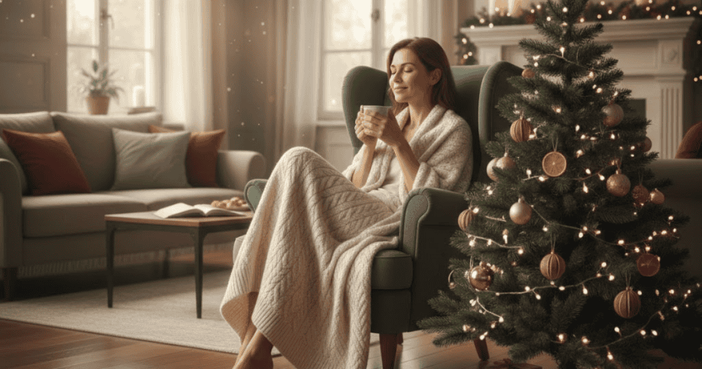 A woman sits relaxed in a chair by a lit Christmas tree, sipping a drink; she is choosing to enjoy a moment of peace.