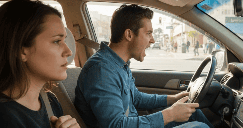A man with his mouth open in an angry yell grips the steering wheel next to a concerned-looking woman, capturing a moment of road rage that often signals a major warning sign in a partner.