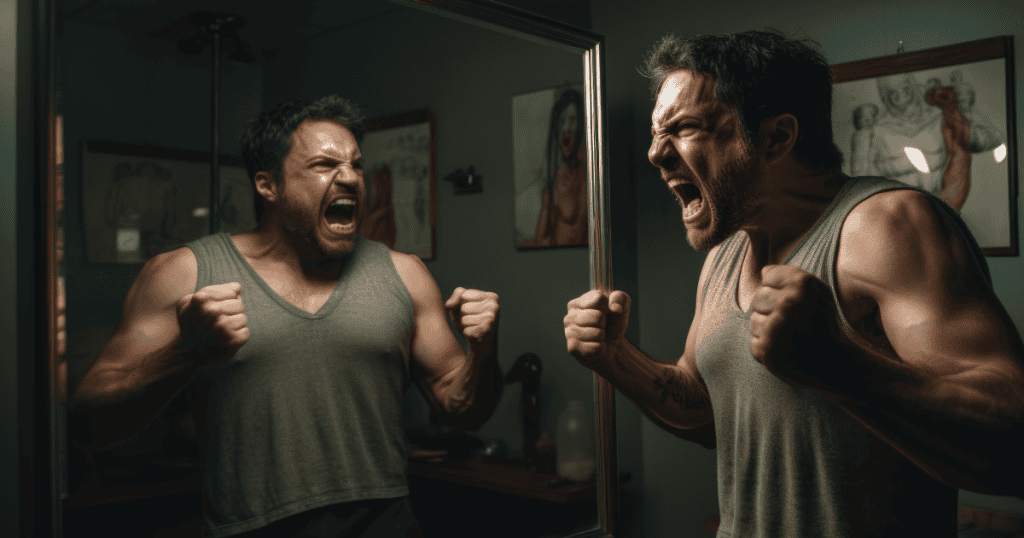 An angry man screams at his own reflection in a mirror with clenched fists, capturing the chaotic unraveling of a carefully maintained composure.