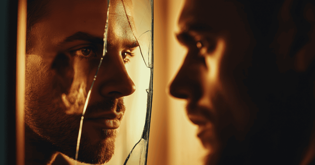 A man gazes intensely at his own reflection through a cracked mirror, highlighting the fractured nature of a one-sided connection.