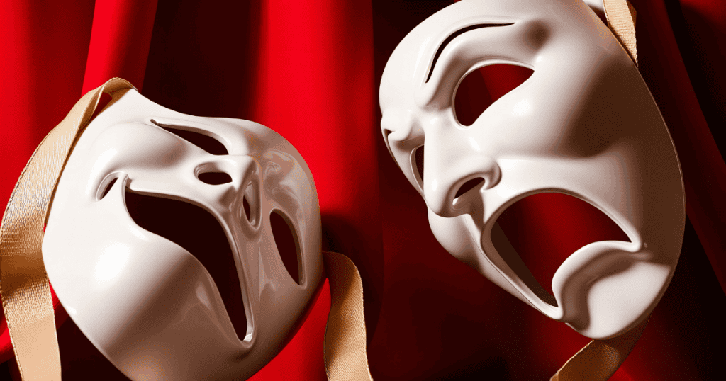 Two theatrical masks rest against a red curtain, capturing the stark duality revealed the moment the pleasant disguise falls away.