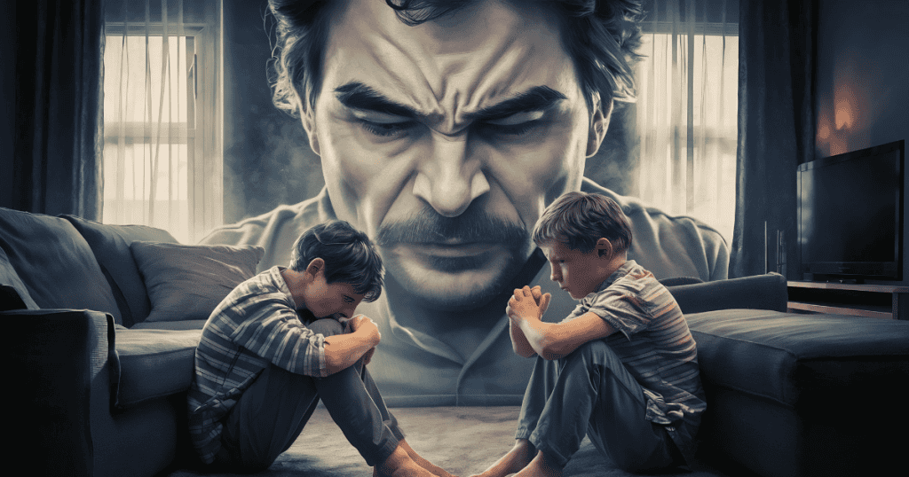 Two young boys sit huddled on the floor beneath a looming, shadowed face, illustrating the heavy emotional weight of living under a dominant parental ego.