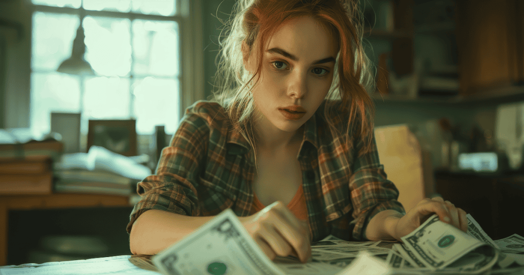 A young woman stares intensely while surrounded by scattered cash; the money on the table feels less like a resource and more like a tether.