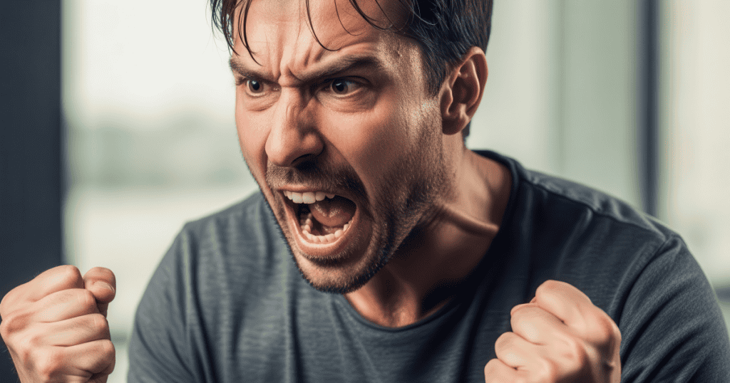 A man with clenched fists and an explosive expression, capturing the moment narcissistic rage turns inward.