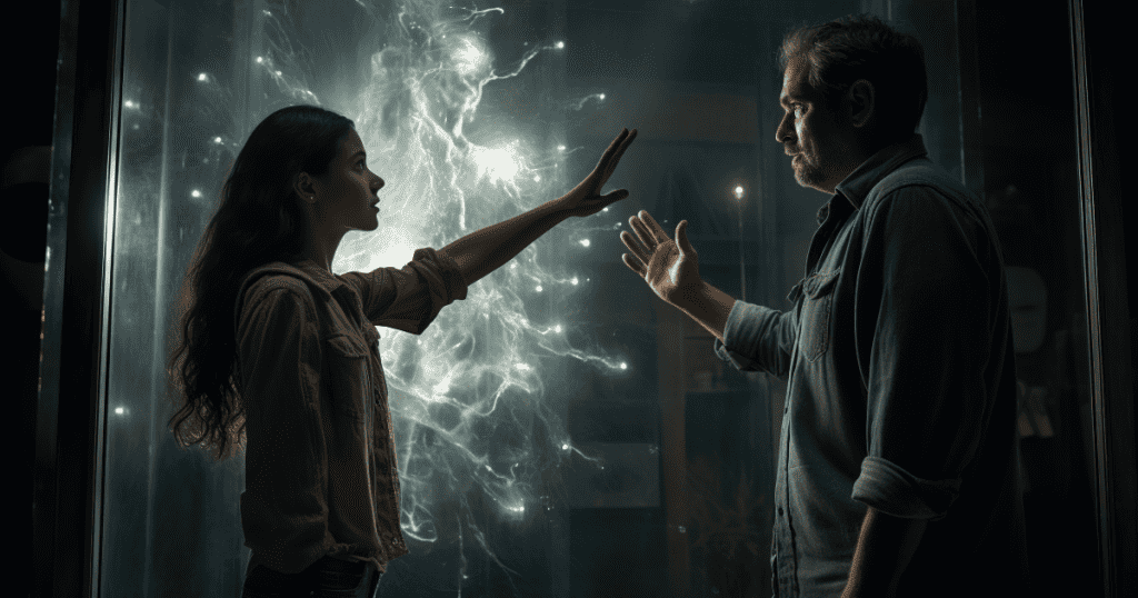 Two people reach toward a glowing, ethereal barrier between them, representing the point where harmful words no longer find their mark.