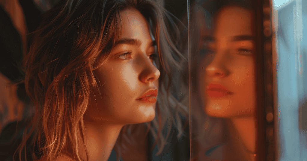 A young woman gazes at her own blurred reflection in a glass pane, evoking the feeling of seeing oneself only through the lens of another’s expectations.