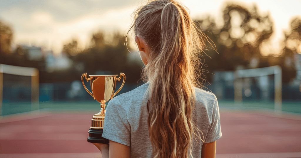 A young girl stands on an athletic court holding a gold cup behind her back, signifying a childhood overshadowed by the pressure to perform as a prize.