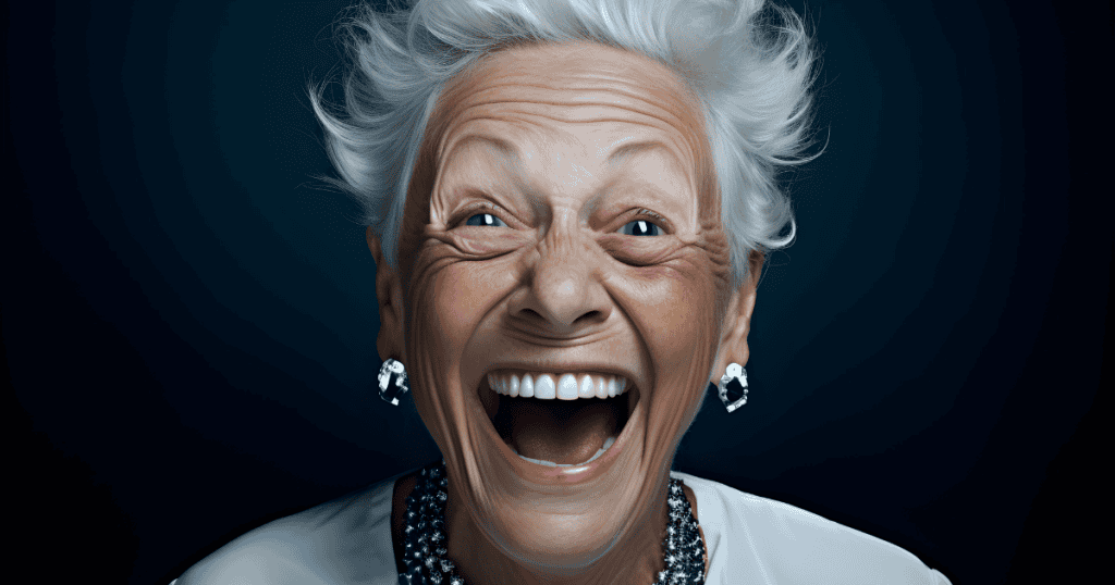 An elderly woman laughs intensely with exaggerated expression and sharp lighting; a faint suggestion of reactions being pushed beyond proportion over time.