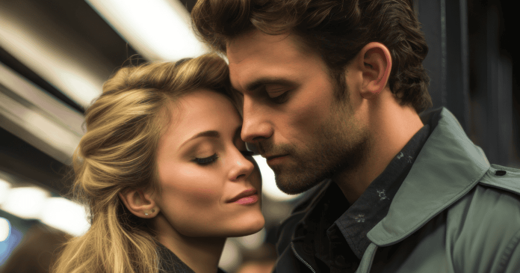 A man and woman lean close together in a soft-focus setting; the intimate proximity masks the subtle weight of expectations beginning to take hold.
