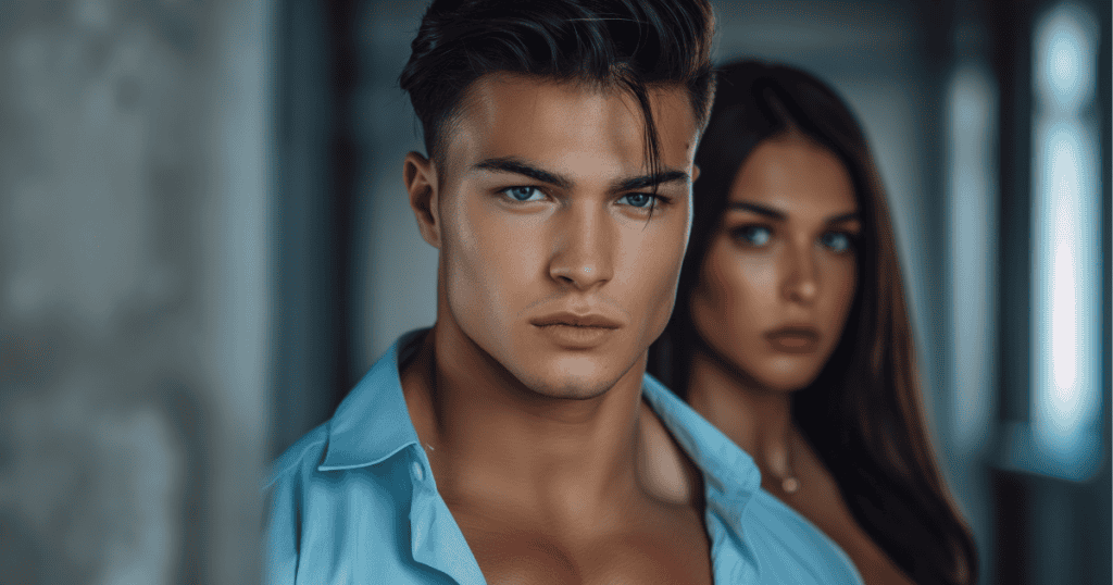 A sharp-featured man stands prominently in the foreground while a woman remains blurred behind him; the composition underscores how one presence can overshadow another’s reality.