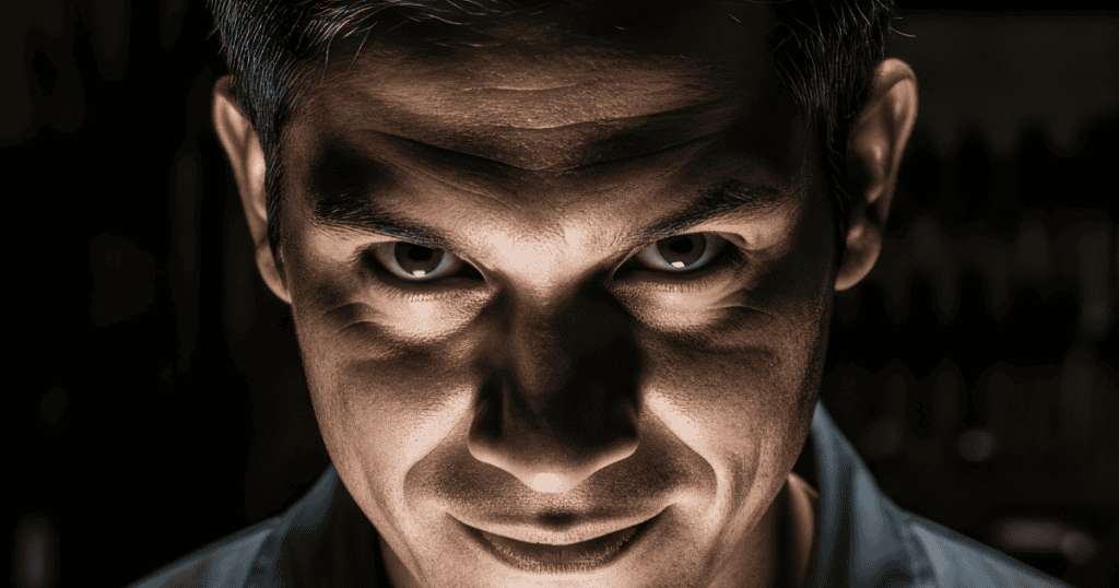 A man stares forward with a sinister, shadowed expression and piercing eyes; an undertone of calculated pressure slowly wearing someone down.