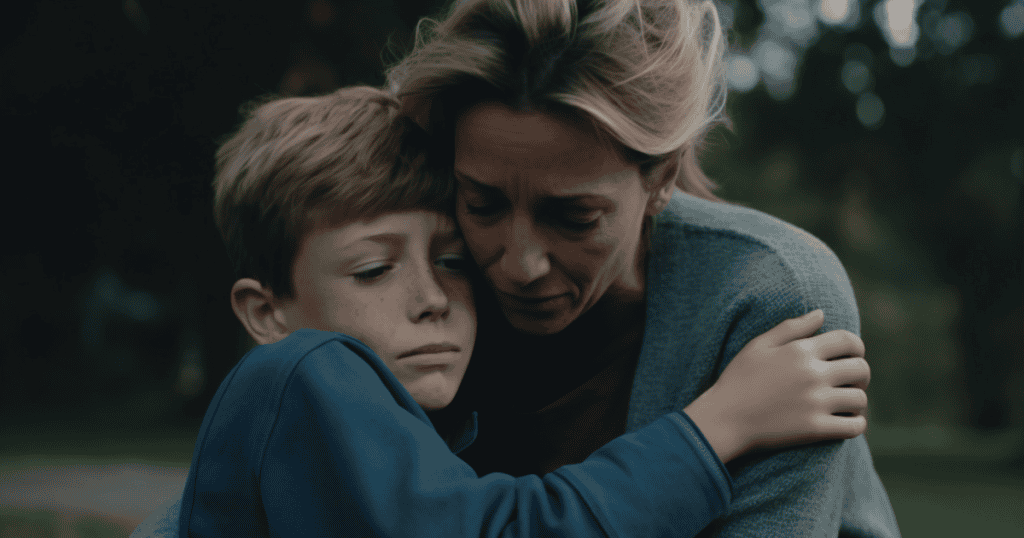A mother holds her son in a protective, somber embrace against a soft-focus outdoor backdrop, highlighting a bond that provides a steady anchor through emotional storms.