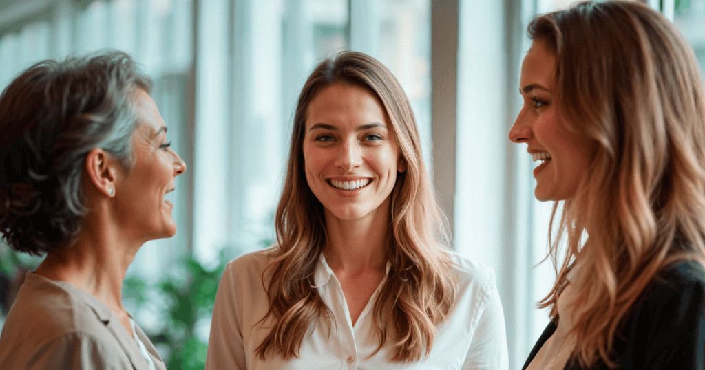Three women engage in a bright office conversation, where a focused listener mirrors the speaker's energy to claim the idea as her own.