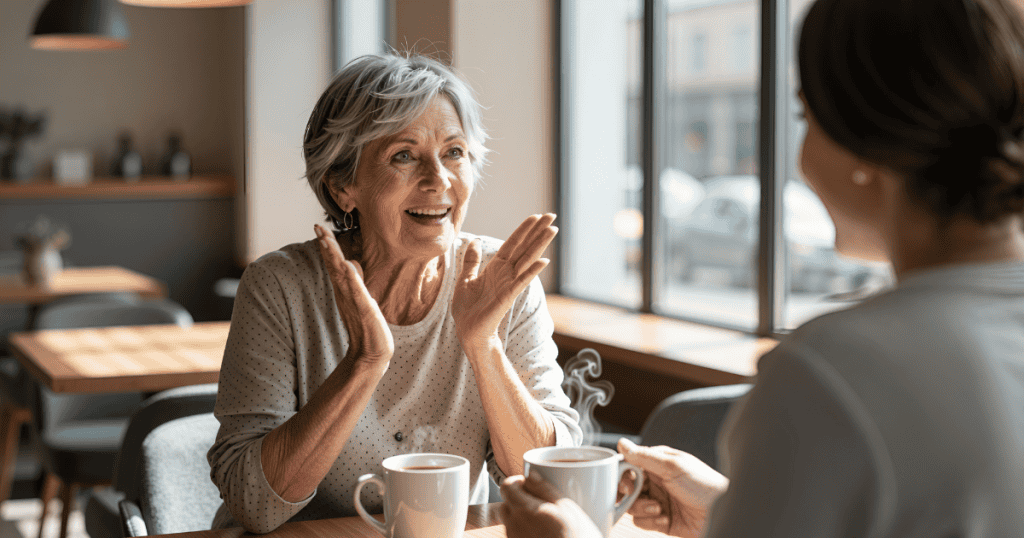 A senior woman gestures animatedly while chatting over coffee, her expressive enthusiasm masking a more calculated betrayal of confidence.