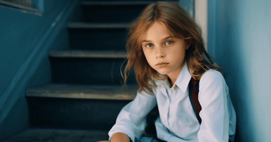 A young girl with light brown hair sits on a concrete staircase, her somber expression reflecting the weight of an unseen internal struggle.