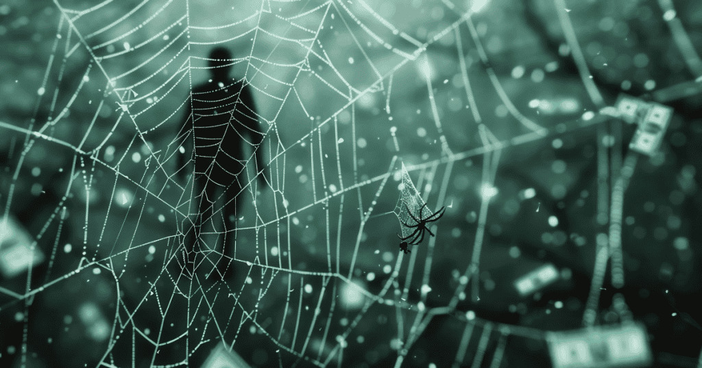 A dark silhouette stands behind a massive, glowing spiderweb littered with floating dollar bills, illustrating the sensation of being hopelessly entangled in a complex trap.