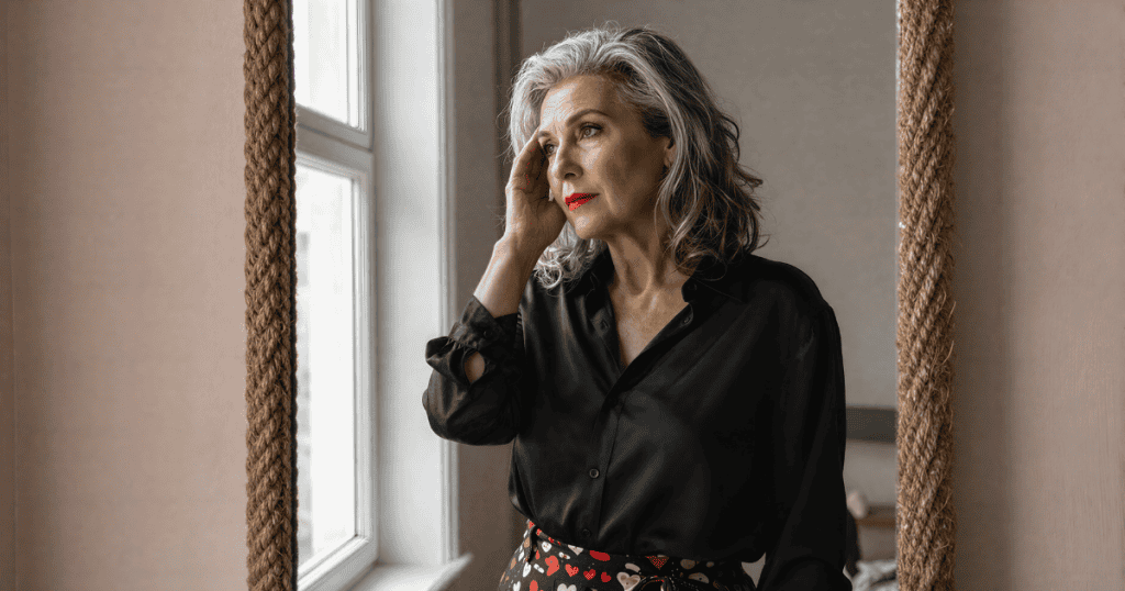 A woman with silver hair gazes wistfully out a window, her elegant pose suggesting a deep, curated preoccupation with her own melancholy.