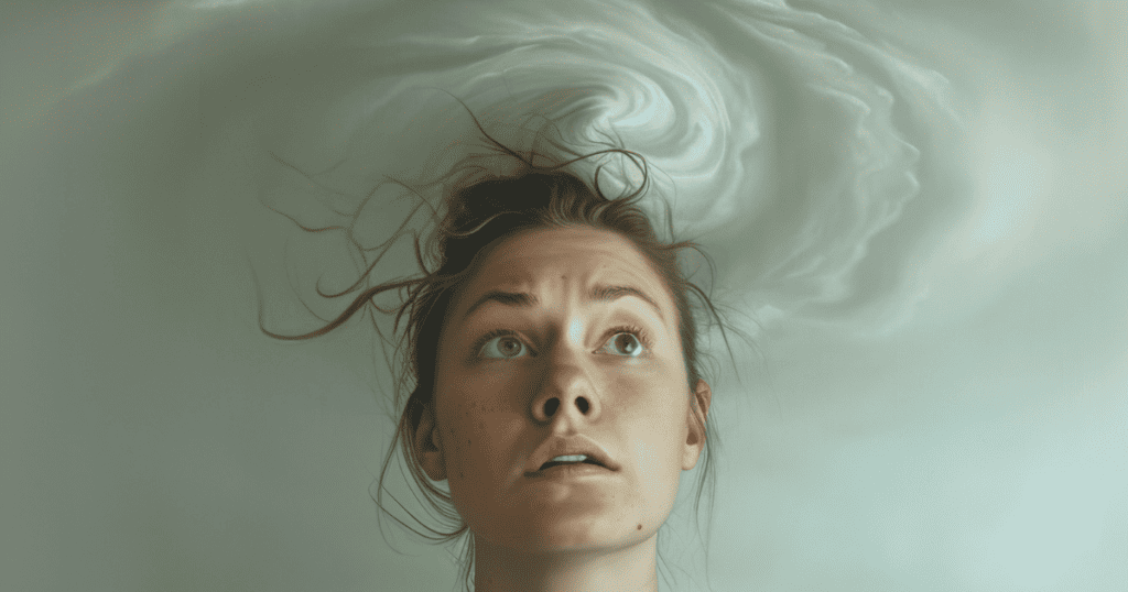 A young woman gazes upward as a swirling cloud forms above her head, suggesting confusion and mental distortion; a quiet hint at being nudged to doubt even her own thoughts.