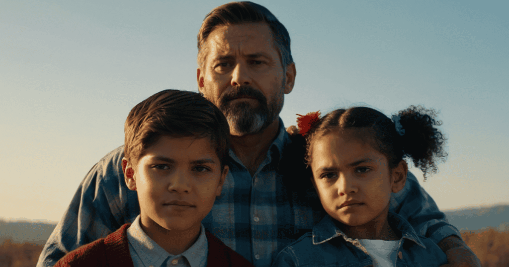 A bearded man stands protectively behind two young children outdoors, embodying a resilient pillar of support for those who rely on him.
