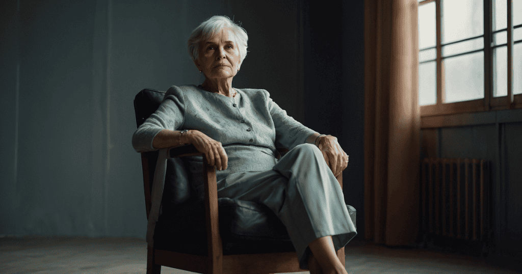 An elderly woman sits regally in a high-backed leather chair, her poised stillness exerting an underlying sense of unwanted territorial control.