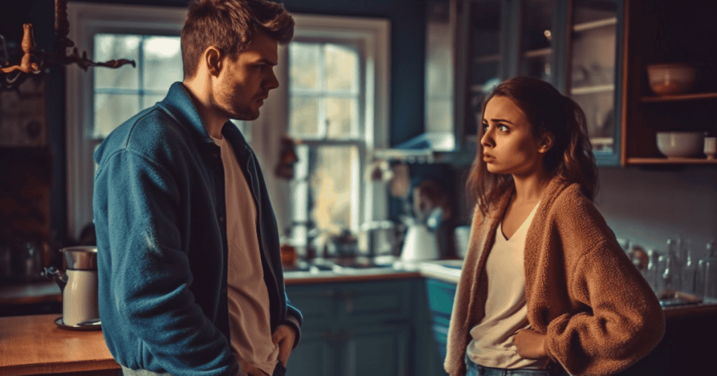 A couple stands in a kitchen with tense expressions; the woman’s guarded posture hints at the exhausting effort of maintaining a pleasant facade.