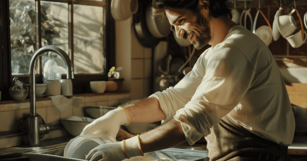A man smiles warmly while washing dishes in a sunlit kitchen, finding joy in pretending to be fully engaged in chores.