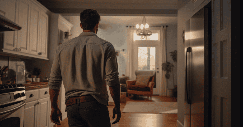 A man stands with his back to the camera in a dimly lit kitchen, his casual stance belying a silent, unauthorized survey of someone else's domain.