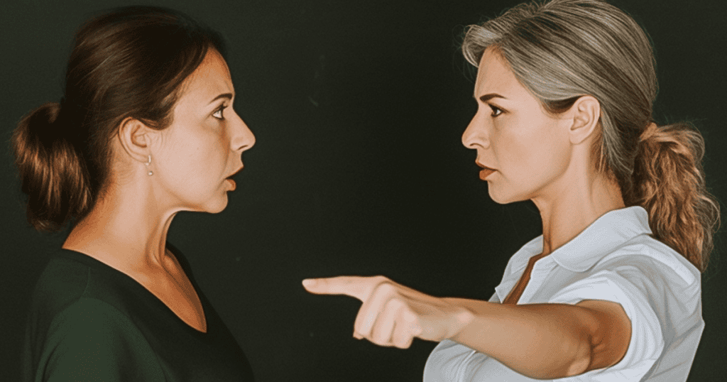 Two women face each other in tense confrontation, one pointing accusingly while the other looks defensive; a subtle echo of blame being shifted until certainty starts to crack.