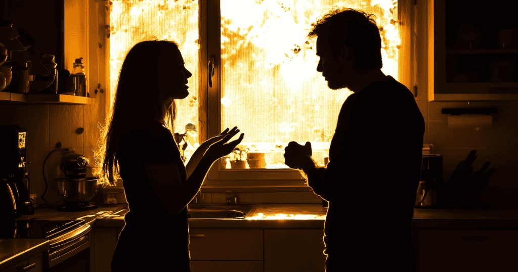 Two figures are silhouetted against a bright window during a conversation; the woman’s active gesturing reflects the labor of keeping his world balanced.