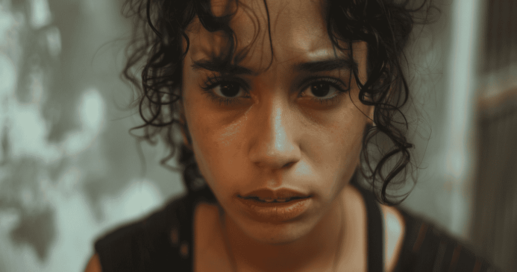 A woman stares ahead with a worn, distant expression, capturing the quiet moment when ongoing abuse has become so familiar it starts to feel normal.