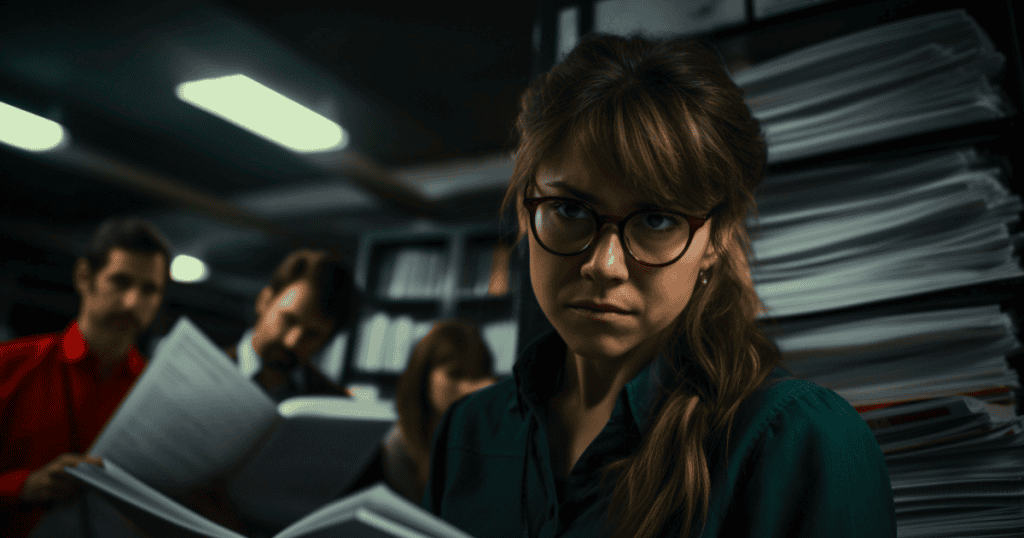 A woman in a dimly lit office stares directly at the viewer with a weary, knowing gaze, as if finally seeing through the surrounding chaos.