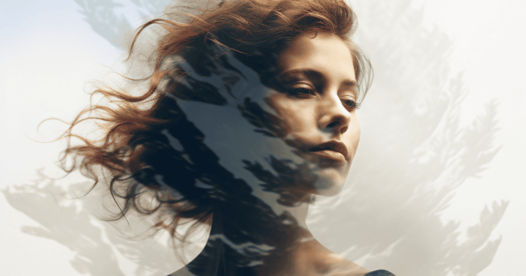 A double-exposure portrait of a woman shows her looking calmly into the distance through a layer of leaves, embodying a sense of internal quiet and self-possession.
