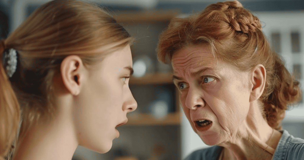 An older woman angrily confronting a younger woman face-to-face, illustrating the shift from direct aggression to manipulating the narrative when control slips