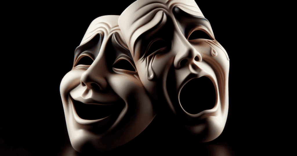 Two theatrical masks showing exaggerated joy and sorrow, symbolizing the fragile performance that begins to crack under your clarity