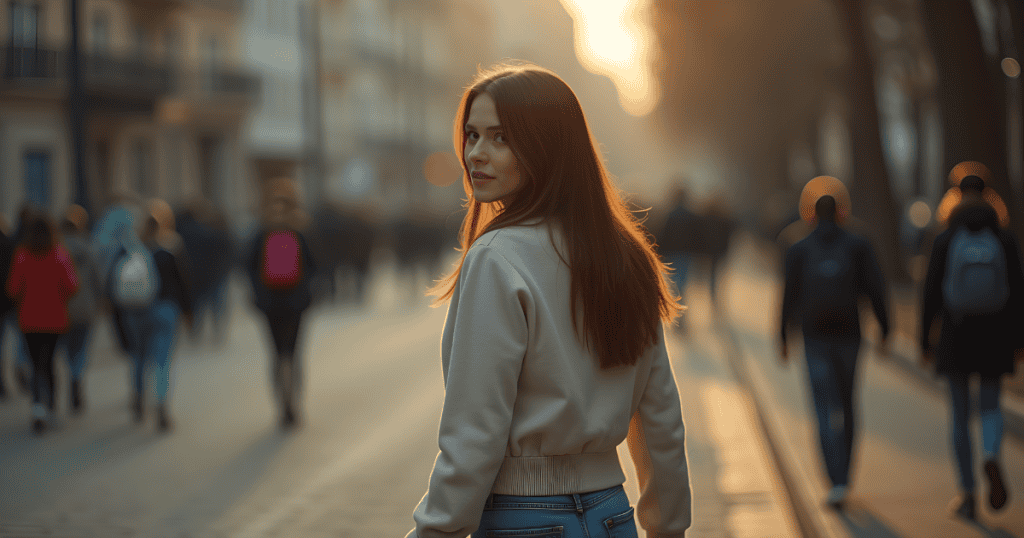 A woman pauses on a busy sunlit street to glance back over her shoulder, acknowledging that the view of the past shifts dramatically as she moves away from it.