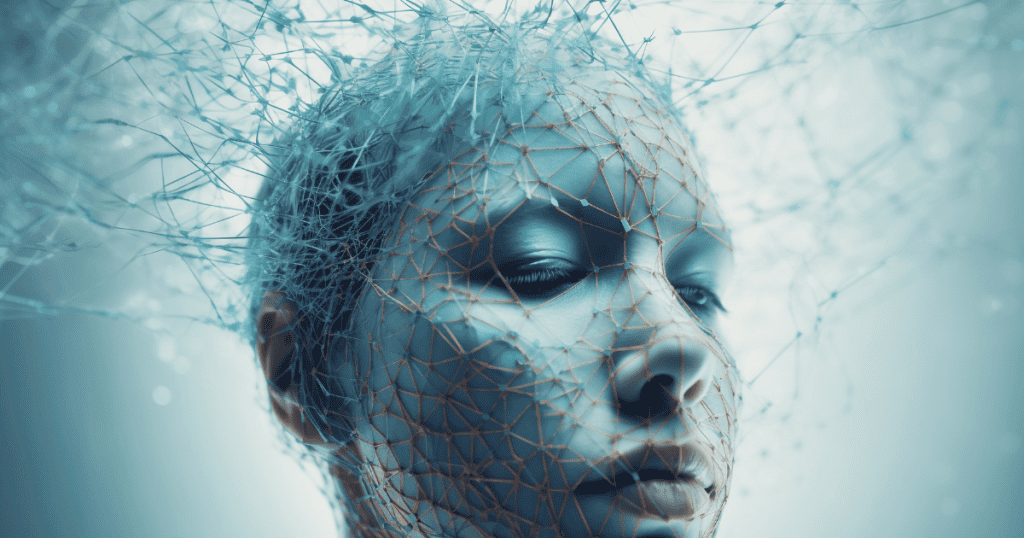 A digital rendering shows a face overlaid with a complex, glowing geometric lattice; the intricate web illustrates the gradual restructuring of a person's inner identity.