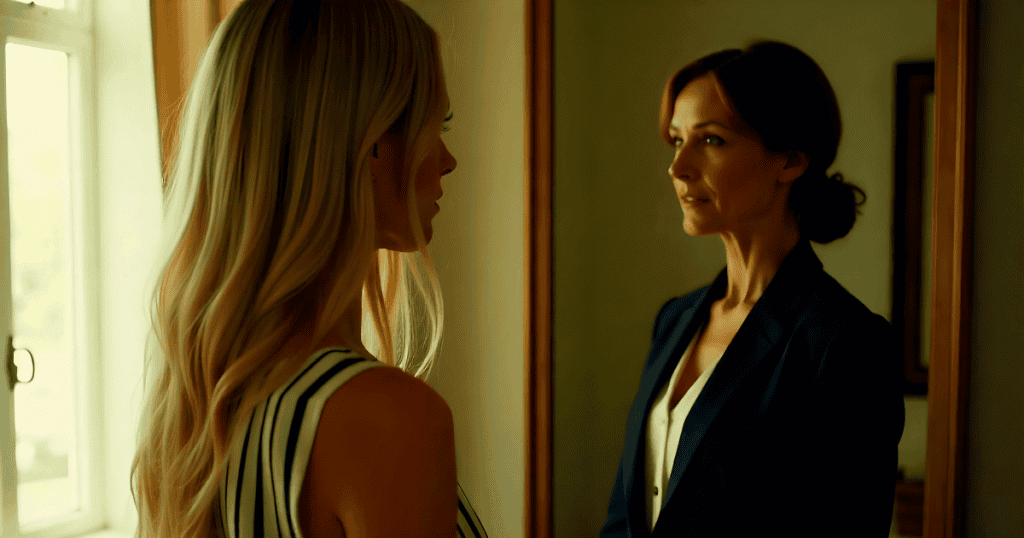 Two women stand face-to-face in a quiet room, illustrating the complex interaction between one's current self and an aspirational future.