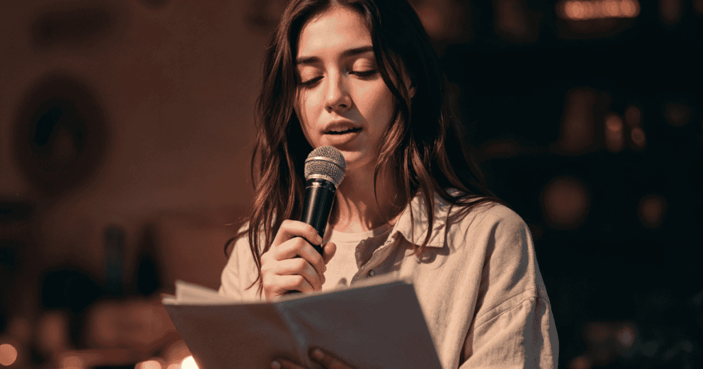 A young woman reading into a microphone in a dim setting, capturing the tension of finding your voice at a moment that demands a decision