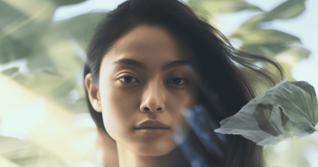 A calm woman stands among soft greenery with a neutral, introspective gaze; a gentle sense of clarity beginning to emerge beneath the surface.