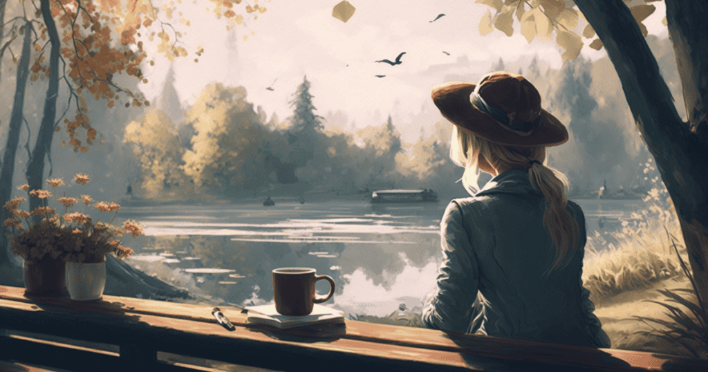 A woman sits on a bench overlooking a peaceful, sunlit lake; her quiet contemplation marks the transition toward a new, unobstructed perspective.