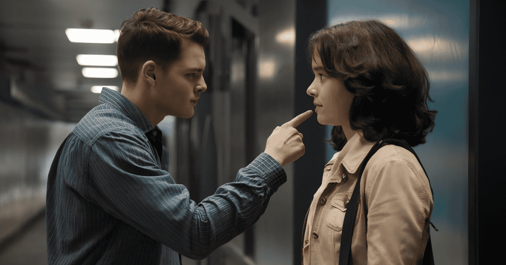 A man silences a woman with a finger to her lips in a hallway, representing the quiet enforcement of one-sided boundaries.